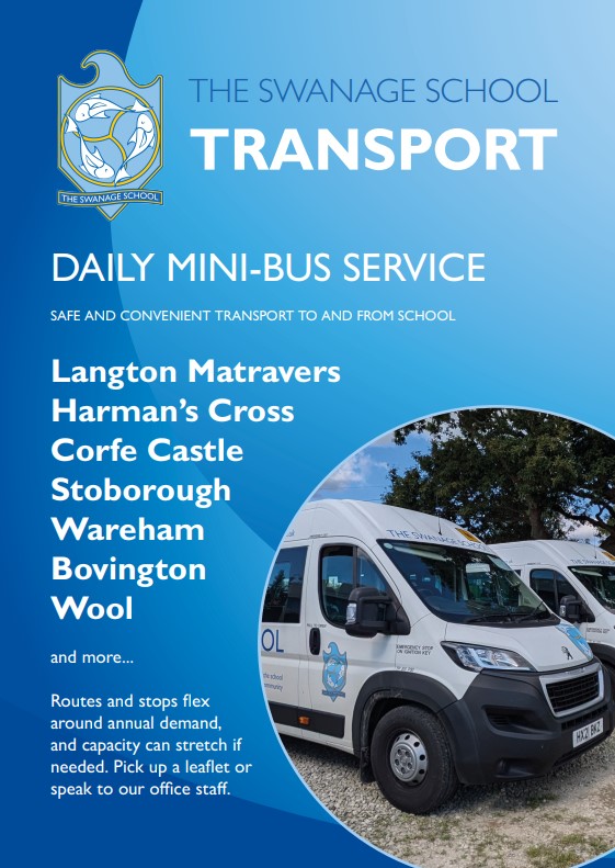 poster with mnibus image on blue background, promoting The Swanage School minibus service.