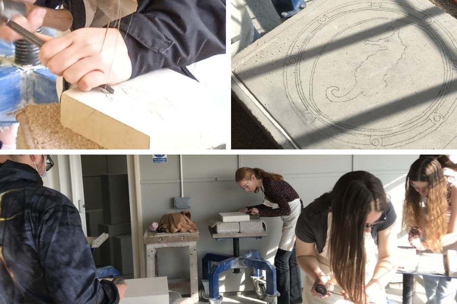 A group of students learns stone carvings